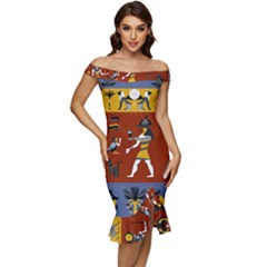 Ancient Egyptian Religion Seamless Pattern Off Shoulder Ruffle Split Hem Bodycon Dress by Hannah976