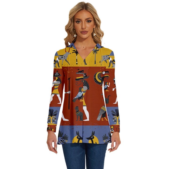 Ancient Egyptian Religion Seamless Pattern Long Sleeve Drawstring Hooded Top