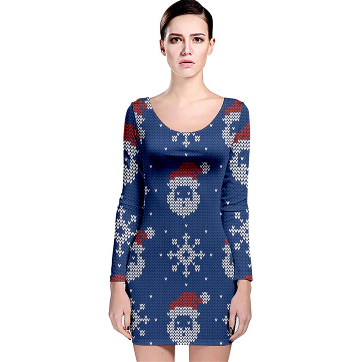 Santa Clauses Wallpaper Long Sleeve Velvet Bodycon Dress