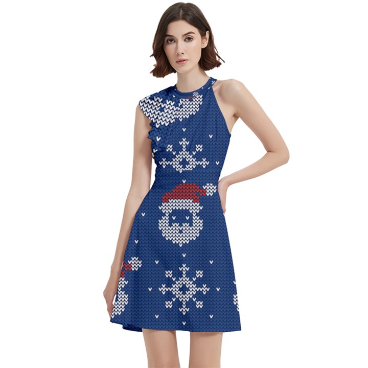 Santa Clauses Wallpaper Cocktail Party Halter Sleeveless Dress With Pockets