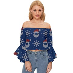 Santa Clauses Wallpaper Off Shoulder Flutter Bell Sleeve Top by artworkshop