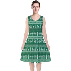 Wallpaper Ugly Sweater Backgrounds Christmas V-neck Midi Sleeveless Dress  by artworkshop