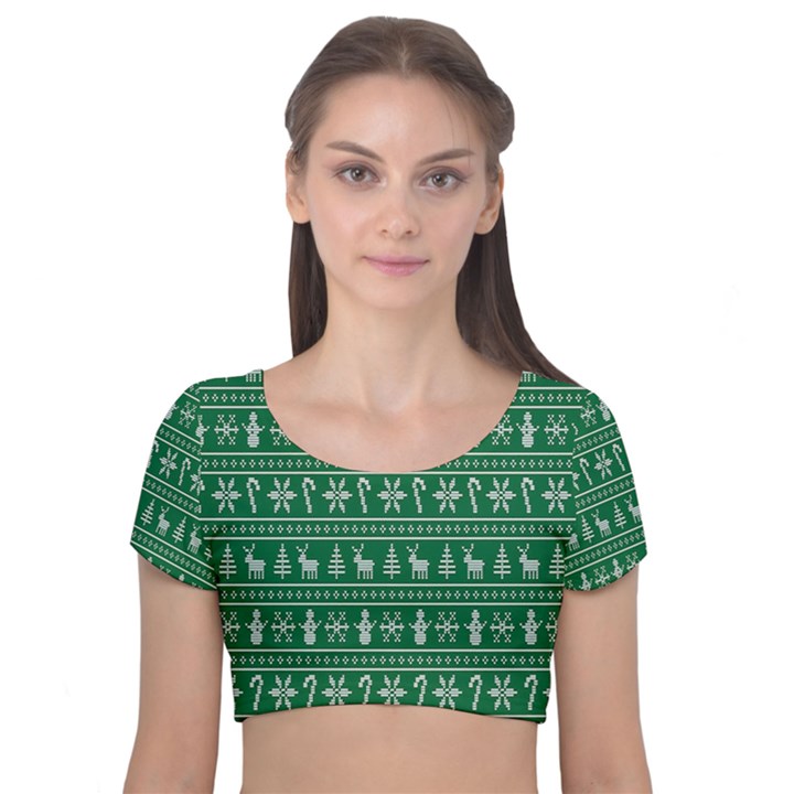 Wallpaper Ugly Sweater Backgrounds Christmas Velvet Short Sleeve Crop Top 