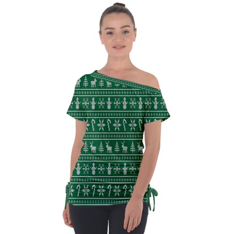 Wallpaper Ugly Sweater Backgrounds Christmas Off Shoulder Tie-up T-shirt by artworkshop