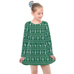 Wallpaper Ugly Sweater Backgrounds Christmas Kids  Long Sleeve Dress