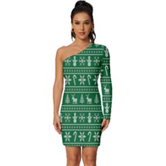 Wallpaper Ugly Sweater Backgrounds Christmas Long Sleeve One Shoulder Mini Dress by artworkshop