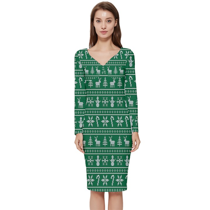 Wallpaper Ugly Sweater Backgrounds Christmas Long Sleeve V-Neck Bodycon Dress 