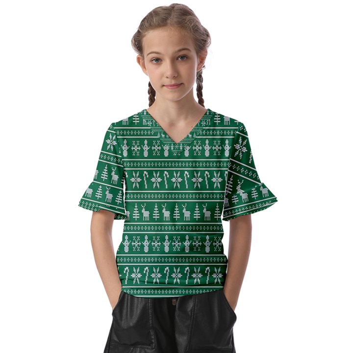 Wallpaper Ugly Sweater Backgrounds Christmas Kids  V-Neck Horn Sleeve Blouse