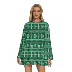 Wallpaper Ugly Sweater Backgrounds Christmas Round Neck Long Sleeve Bohemian Style Chiffon Mini Dress by artworkshop