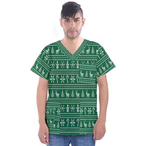 Wallpaper Ugly Sweater Backgrounds Christmas Men s V-neck Scrub Top by artworkshop