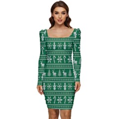 Wallpaper Ugly Sweater Backgrounds Christmas Women Long Sleeve Ruched Stretch Jersey Dress by artworkshop