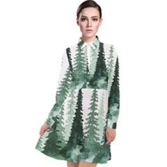 Tree Watercolor Painting Pine Forest Long Sleeve Chiffon Shirt Dress by Hannah976