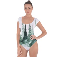 Tree Watercolor Painting Pine Forest Short Sleeve Leotard  by Hannah976