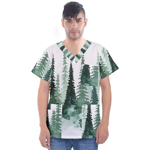 Tree Watercolor Painting Pine Forest Men s V-neck Scrub Top by Hannah976