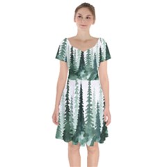 Tree Watercolor Painting Pine Forest Short Sleeve Bardot Dress by Hannah976