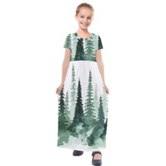 Tree Watercolor Painting Pine Forest Kids  Short Sleeve Maxi Dress by Hannah976