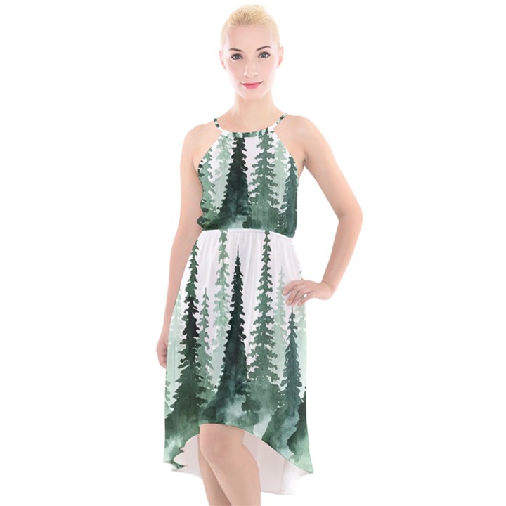 Tree Watercolor Painting Pine Forest High-Low Halter Chiffon Dress 