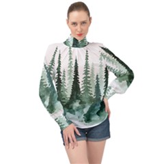 Tree Watercolor Painting Pine Forest High Neck Long Sleeve Chiffon Top by Hannah976