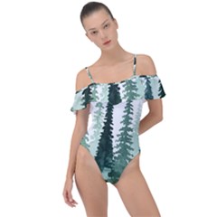 Tree Watercolor Painting Pine Forest Frill Detail One Piece Swimsuit by Hannah976