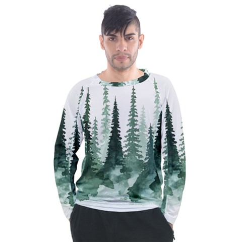 Tree Watercolor Painting Pine Forest Men s Long Sleeve Raglan T-shirt by Hannah976