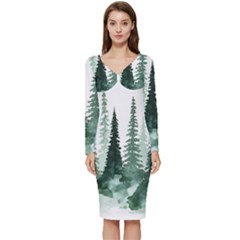 Tree Watercolor Painting Pine Forest Long Sleeve V-neck Bodycon Dress  by Hannah976