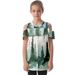 Tree Watercolor Painting Pine Forest Fold Over Open Sleeve Top by Hannah976