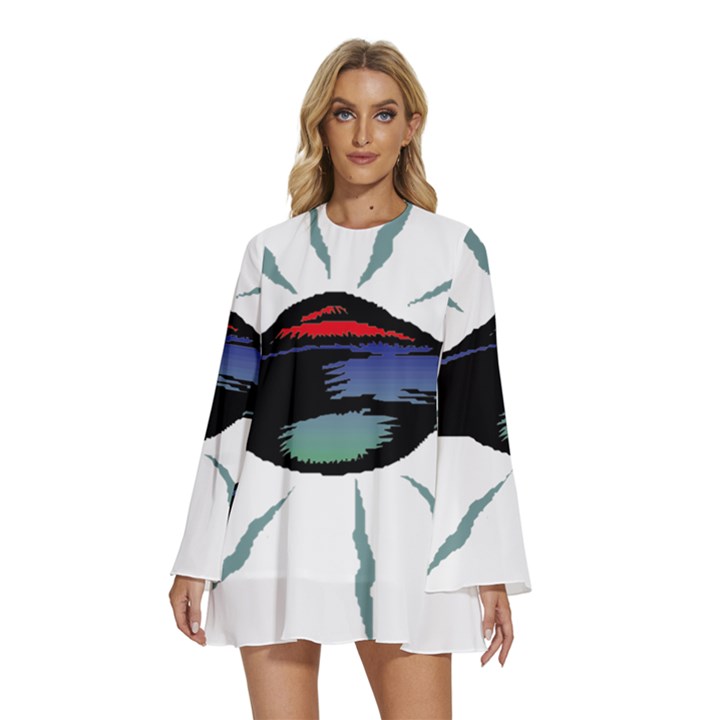 Alien Unidentified Flying Object Ufo Round Neck Long Sleeve Bohemian Style Chiffon Mini Dress