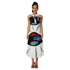 Alien Unidentified Flying Object Ufo Sleeveless Cross Front Cocktail Midi Chiffon Dress by Sarkoni