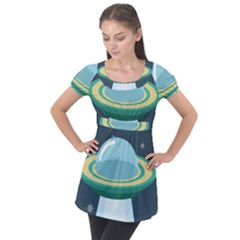 Illustration Ufo Alien  Unidentified Flying Object Puff Sleeve Tunic Top by Sarkoni