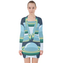 Illustration Ufo Alien  Unidentified Flying Object V-neck Bodycon Long Sleeve Dress by Sarkoni