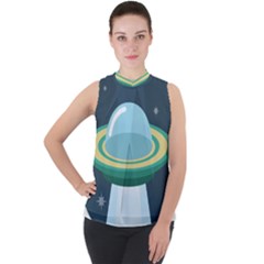 Illustration Ufo Alien  Unidentified Flying Object Mock Neck Chiffon Sleeveless Top by Sarkoni