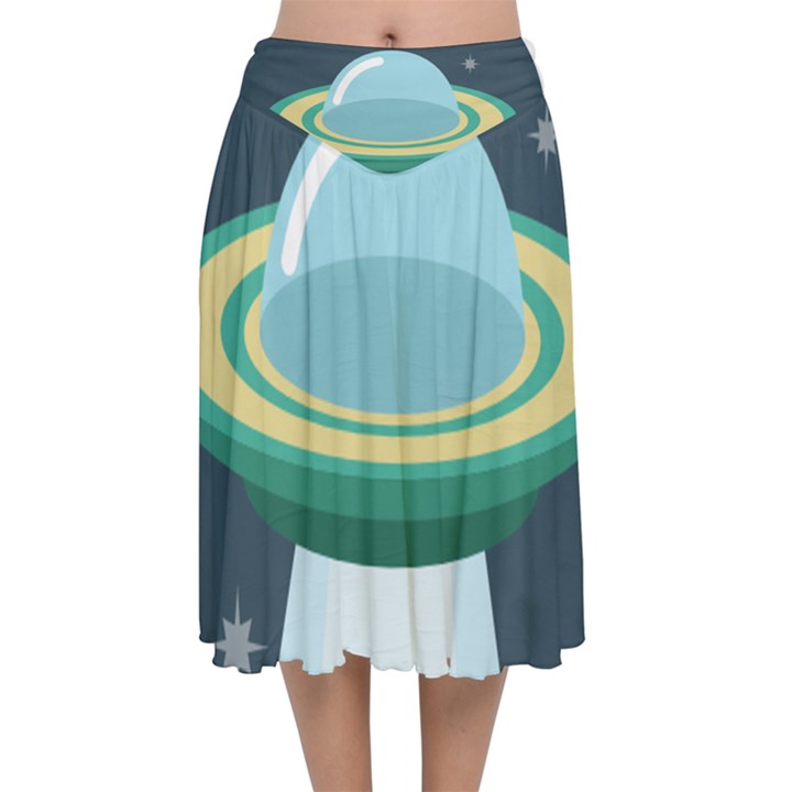 Illustration Ufo Alien  Unidentified Flying Object Velvet Flared Midi Skirt