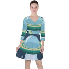 Illustration Ufo Alien  Unidentified Flying Object Quarter Sleeve Ruffle Waist Dress by Sarkoni