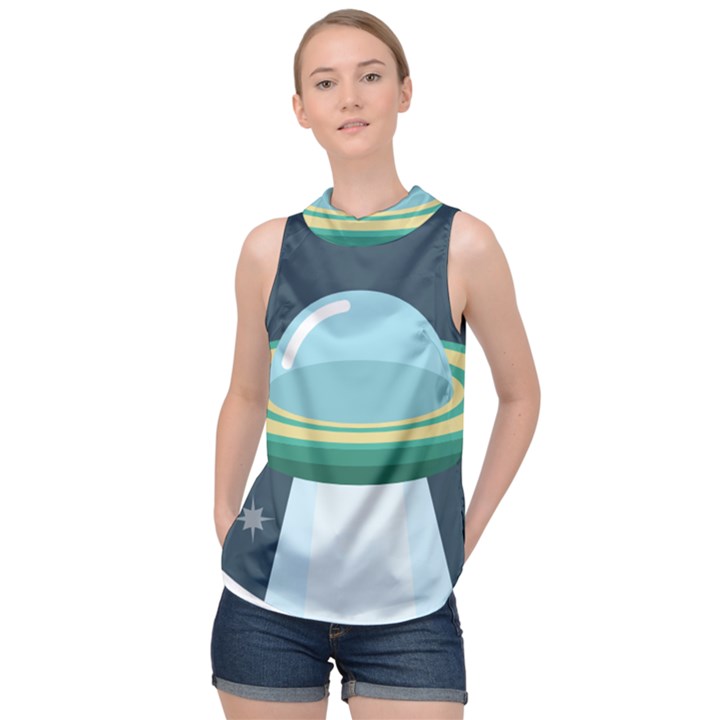 Illustration Ufo Alien  Unidentified Flying Object High Neck Satin Top