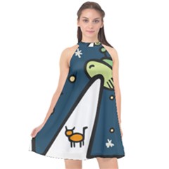 Ufo Alien Unidentified Flying Object Halter Neckline Chiffon Dress  by Sarkoni