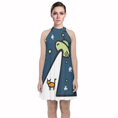 Ufo Alien Unidentified Flying Object Velvet Halter Neckline Dress  by Sarkoni