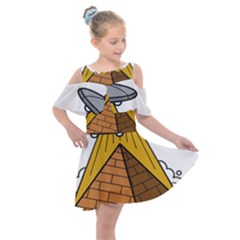 Unidentified Flying Object Ufo Under The Pyramid Kids  Shoulder Cutout Chiffon Dress by Sarkoni