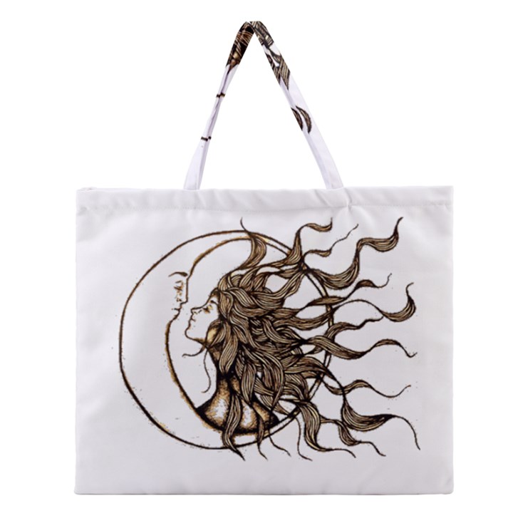 Psychedelic Art Drawing Sun And Moon Head Fictional Character Zipper Large Tote Bag