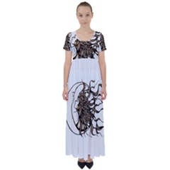 Psychedelic Art Drawing Sun And Moon Head Fictional Character High Waist Short Sleeve Maxi Dress by Sarkoni