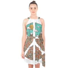 Psychedelic Art Painting Peace Drawing Landscape Art Peaceful Halter Collar Waist Tie Chiffon Dress by Sarkoni