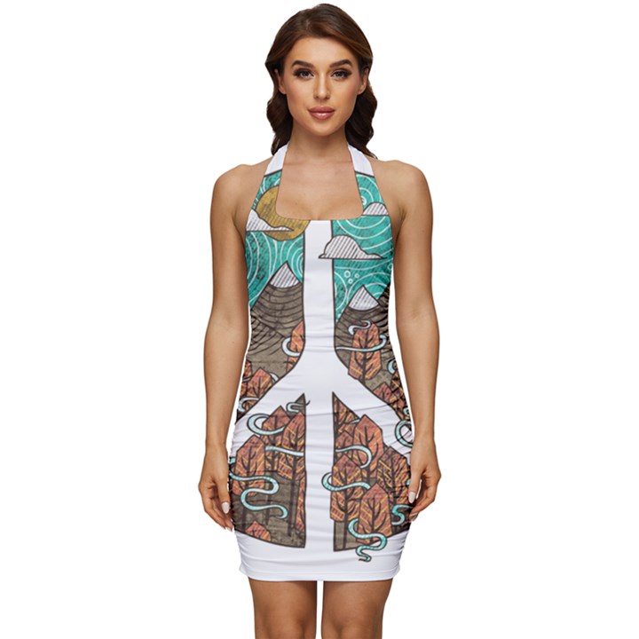 Psychedelic Art Painting Peace Drawing Landscape Art Peaceful Sleeveless Wide Square Neckline Ruched Bodycon Dress