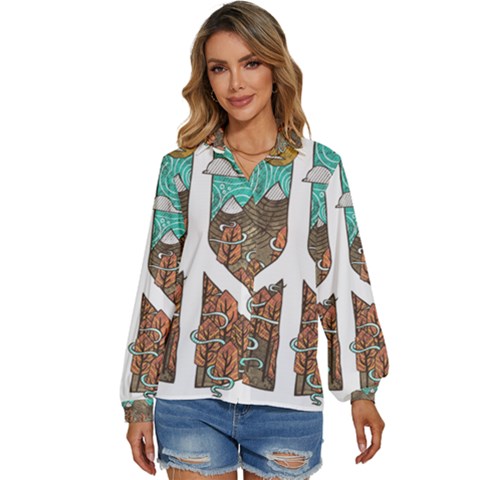 Psychedelic Art Painting Peace Drawing Landscape Art Peaceful Women s Long Sleeve Button Up Shirt by Sarkoni