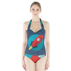 Rocket With Science Related Icons Image Halter Swimsuit by Bedest