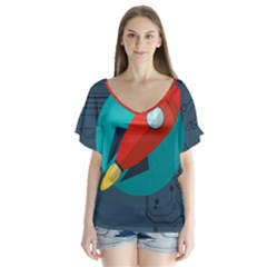 Rocket With Science Related Icons Image V-Neck Flutter Sleeve Top