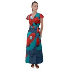 Rocket With Science Related Icons Image Flutter Sleeve Maxi Dress