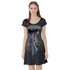 Illustration Drunk Astronaut Short Sleeve Skater Dress by Bedest