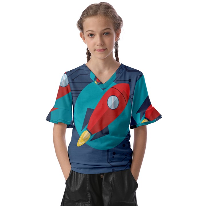 Rocket With Science Related Icons Image Kids  V-Neck Horn Sleeve Blouse