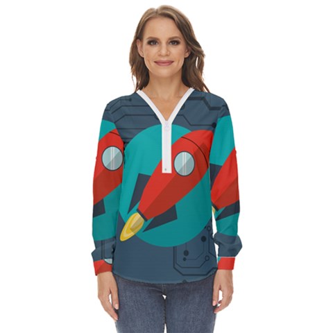 Rocket With Science Related Icons Image Zip Up Long Sleeve Blouse by Bedest