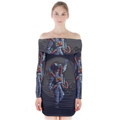 Illustration Drunk Astronaut Long Sleeve Off Shoulder Dress by Bedest