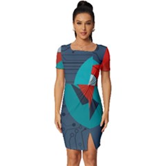 Rocket With Science Related Icons Image Fitted Knot Split End Bodycon Dress